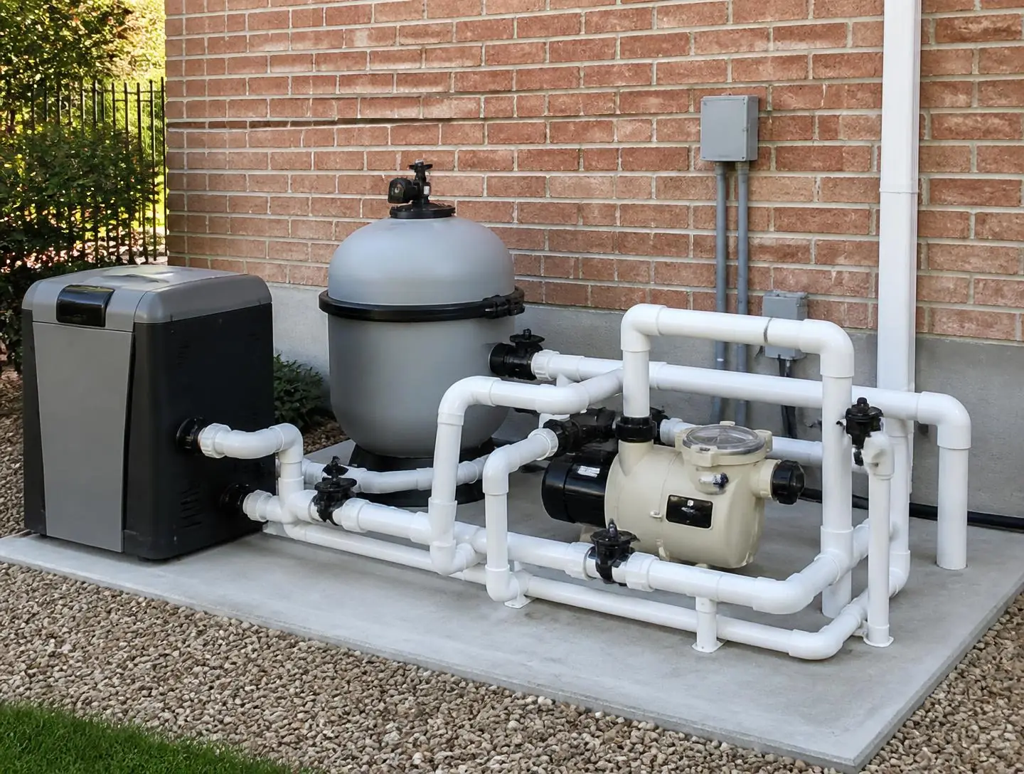Pool equipment pad with pump, filter, heater and PVC plumbing