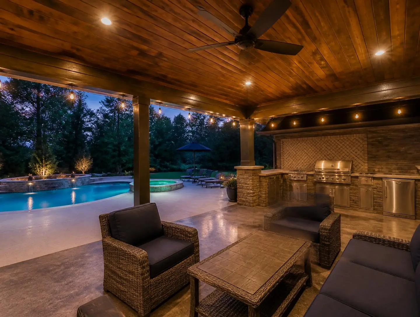Poolside pavilion with cedar ceiling, outdoor kitchen and string lights at dusk